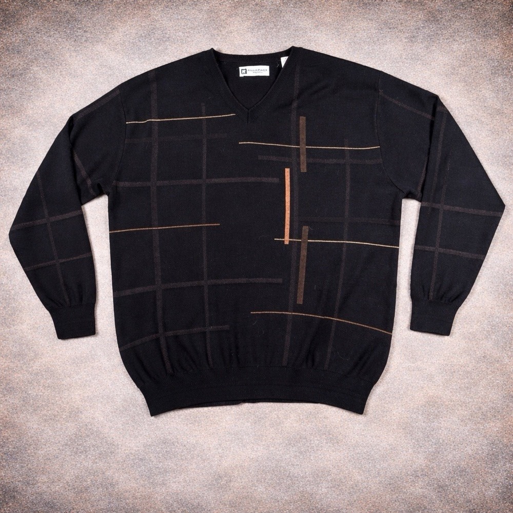 Vtg Bachrach Sweater Men Large Black Wool Blend Acrylic Striped 3D Knit Preppy